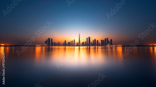 Urban glowtime, peaceful and contemporary, with glowing skyscrapers reflected on a placid river at twilight