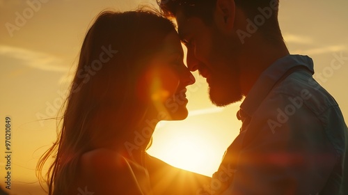 Man and woman adult relationship in outdoor love leisure activity enjoying golden sunset and looking each other with love and tenderness People attraction lifestyle Emotions and feelin : Generative AI photo