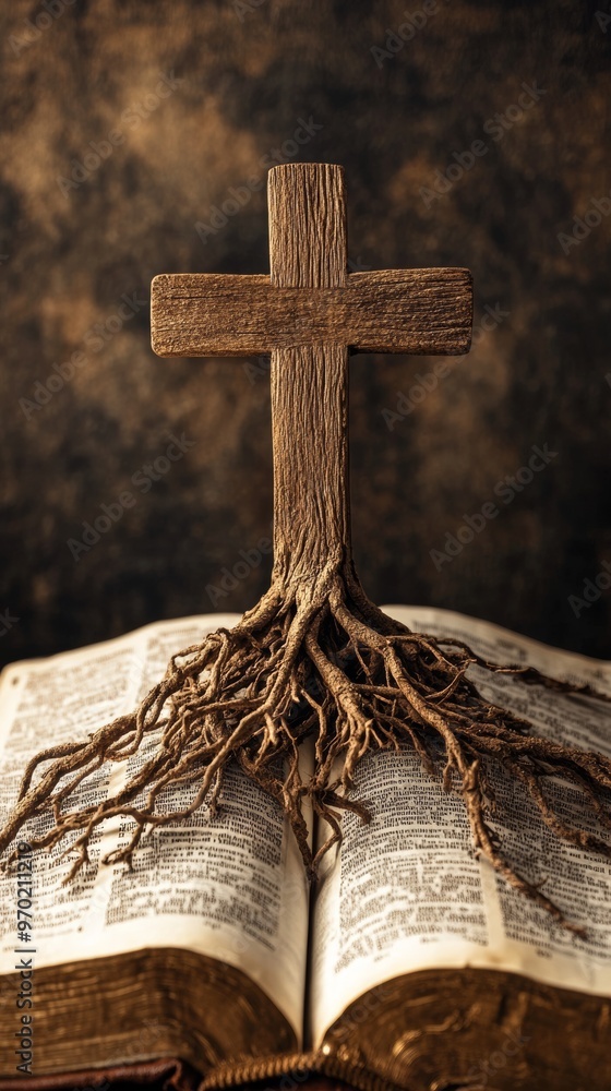 Wooden cross with roots over open bible Wooden cross with roots over open bible