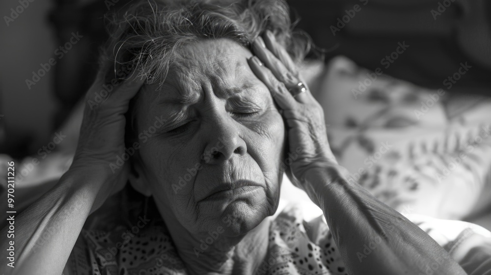 Elderly Woman Self-Massage, Stressed Expression Elderly Woman Self-Massage, Stressed Expression