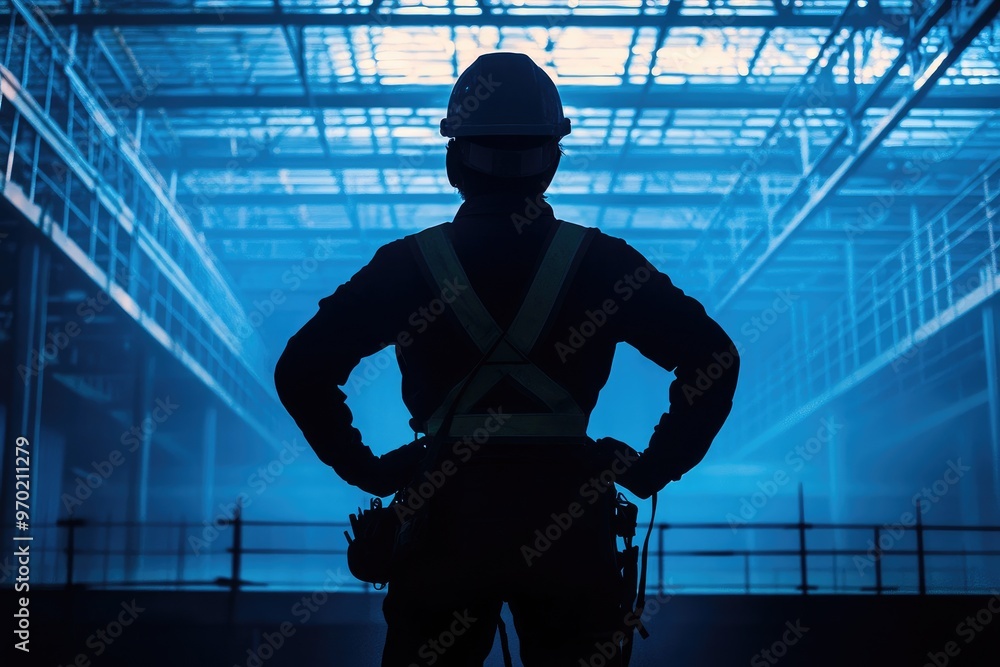 Obraz premium Silhouette of a Construction Worker Standing in a Blue Lit Industrial Setting