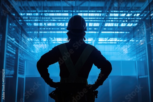 Silhouetted Construction Worker in a Blue Lit Warehouse photo