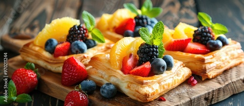 Fruit Puff Pastry Delicious Fruit Pastries Served On A Wooden Chopping Board