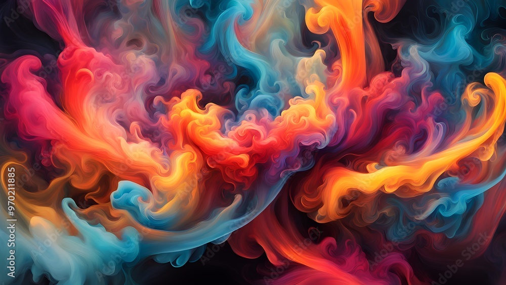 Abstract background of colorful smoke swirling and flowing in a dark background. Abstract background of colorful smoke swirling and flowing in a dark background.