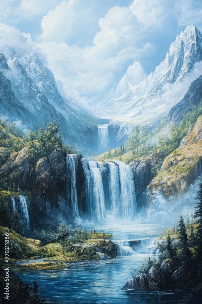Fototapeta premium Oil painting depicting a fjord landscape with waterfalls