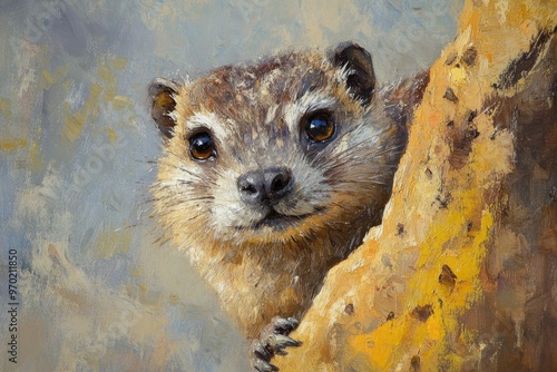 Portrait of an adorable rock hyrax depicted in an oil painting showcasing its unique features and charm
