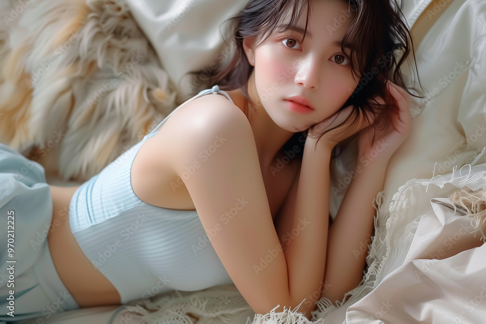 Naklejka premium ベッドでくつろぐ女性