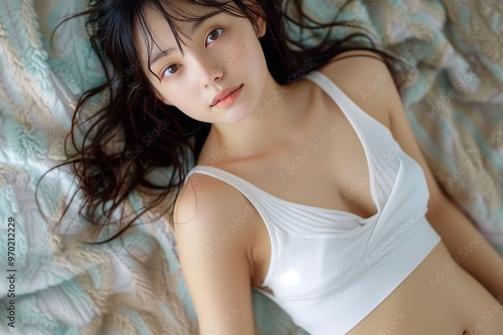 ベッドでくつろぐ女性 ベッドでくつろぐ女性