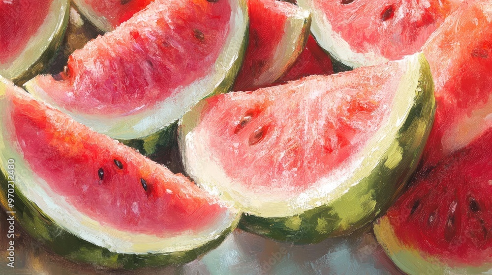 Vibrant oil painting of ripe red watermelon showcasing the beauty of fresh fruit Vibrant oil painting of ripe red watermelon showcasing the beauty of fresh fruit