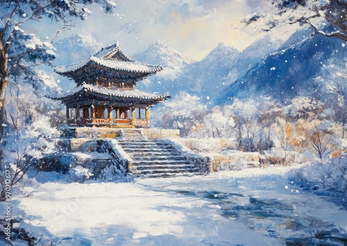Wallpaper Mural Oil painting depicting a snowy landscape featuring a traditional temple amidst a winter setting Torontodigital.ca