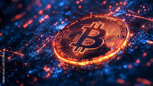 Glowing Bitcoin Cryptocurrency Coin on a Digital Background photo