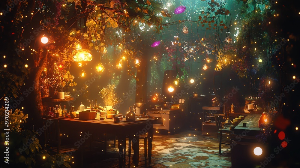 A whimsical side perspective of an enchanted forest transforming into a bustling culinary studio A whimsical side perspective of an enchanted forest transforming into a bustling culinary studio