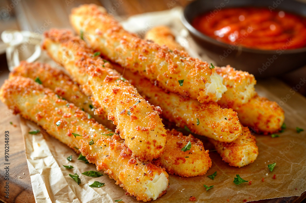 Crispy Mozzarella Sticks with Marinara Sauce. Crispy Mozzarella Sticks with Marinara Sauce.