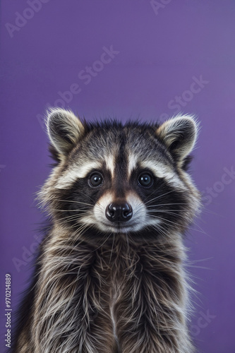 Cute Raccoon Portrait on Purple Background.