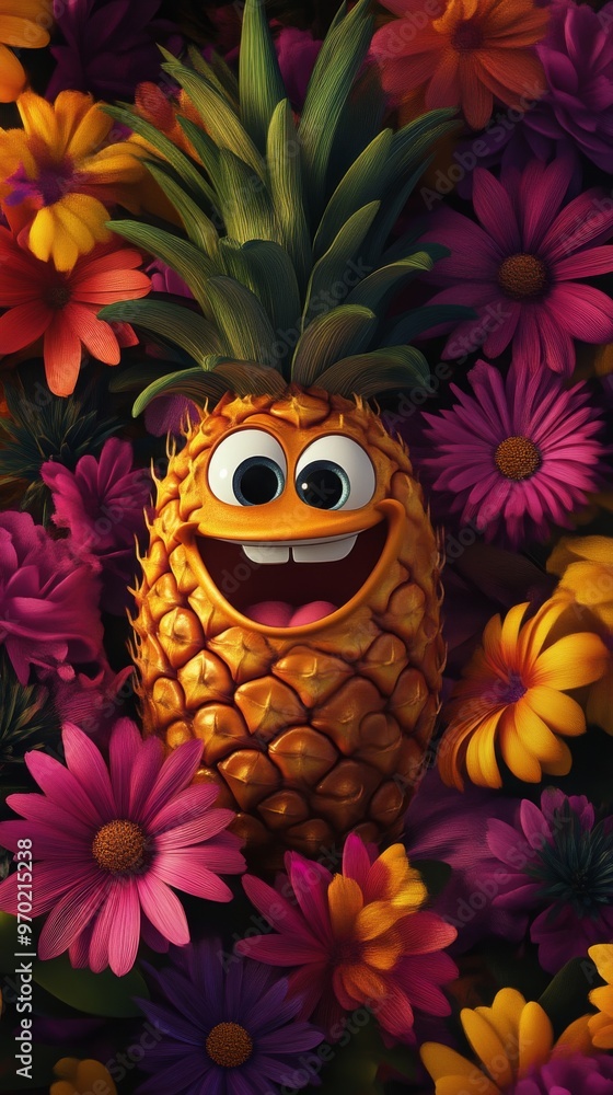 Fototapeta premium Smiling cartoon pineapple surrounded by colorful flowers