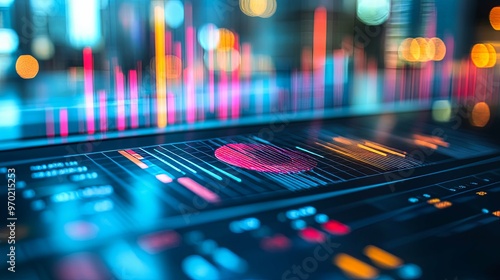 Wallpaper Mural Close-up of a Computer Screen Displaying Data Charts and Graphs with a Blurred City Lights Background Torontodigital.ca