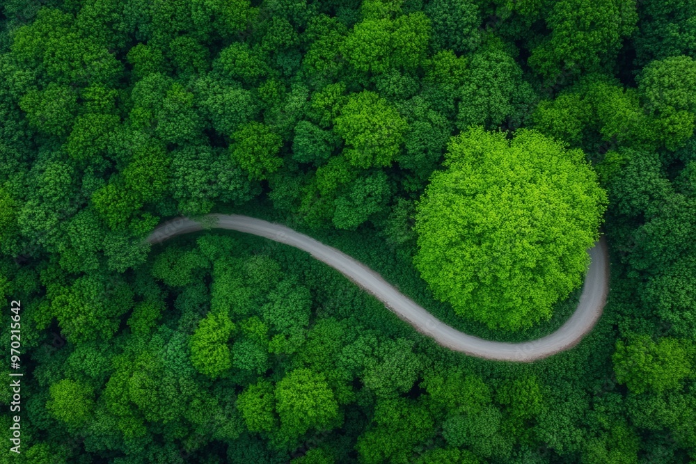 Aerial view of a winding road cutting through a dense, vibrant green forest, creating a peaceful and serene landscape. Ideal for nature tourism, eco-friendly designs, or adventure travel banners with Aerial view of a winding road cutting through a dense, vibrant green forest, creating a peaceful and serene landscape. Ideal for nature tourism, eco-friendly designs, or adventure travel banners with