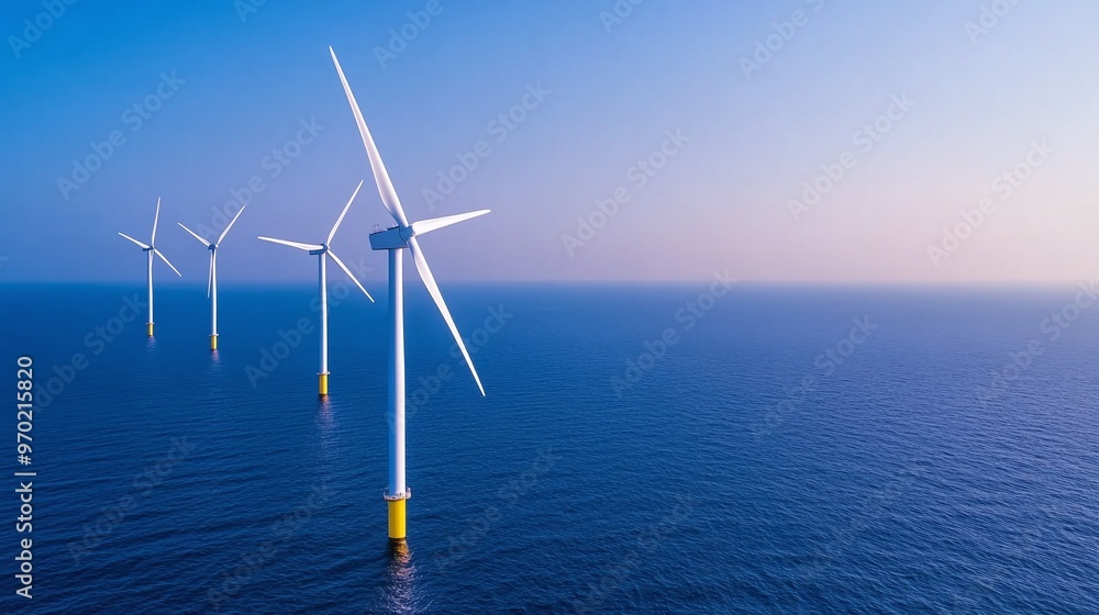 A row of offshore wind turbines standing in calm blue ocean waters during sunset, with soft light illuminating the scene. Ideal for renewable energy campaigns, environmental banners, or sustainability A row of offshore wind turbines standing in calm blue ocean waters during sunset, with soft light illuminating the scene. Ideal for renewable energy campaigns, environmental banners, or sustainability
