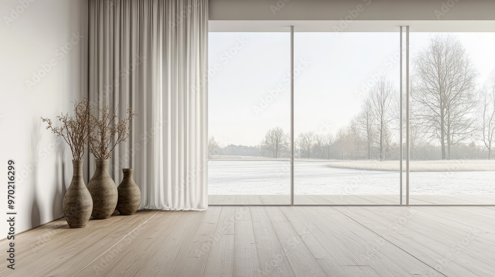 Fototapeta premium Concept of a minimalistic Scandinavian room featuring vases on a wooden floor large wall and a white landscape visible through curtained windows Nordic home interior 3D rendering