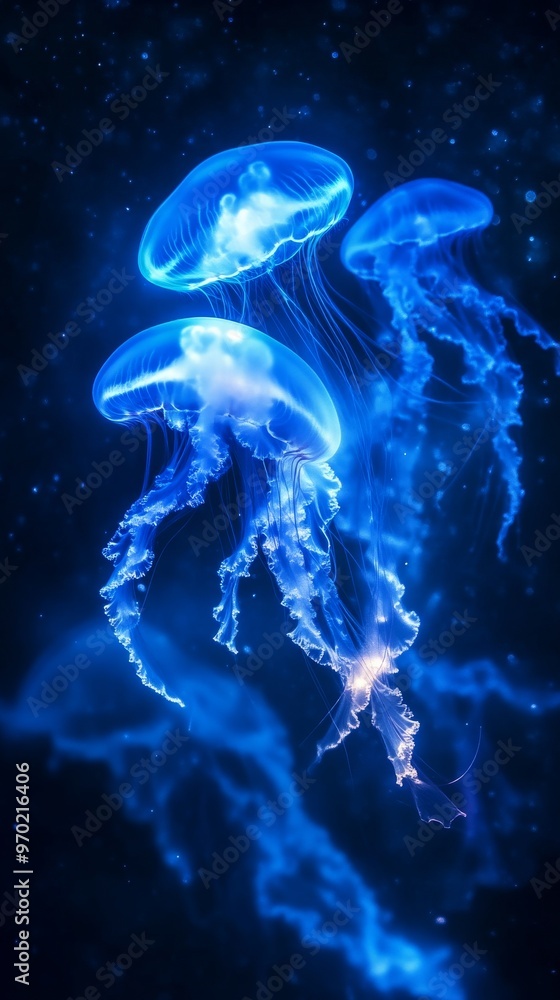 Glowing jellyfish in a dark ocean, ethereal marine life concept Glowing jellyfish in a dark ocean, ethereal marine life concept