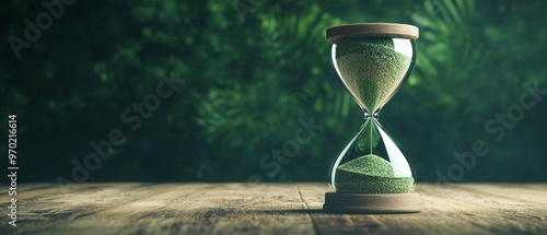 Hourglass with green sand on wooden surface, natural green background light, symbolizing time passage, urgency, and nature's cycle.