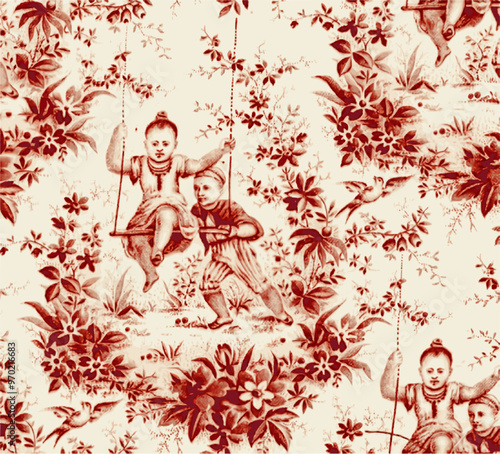 Antique toile fabric pattern in red and cream, featuring children swinging amidst a garden setting. perfect for vintage or nostalgic design themes.