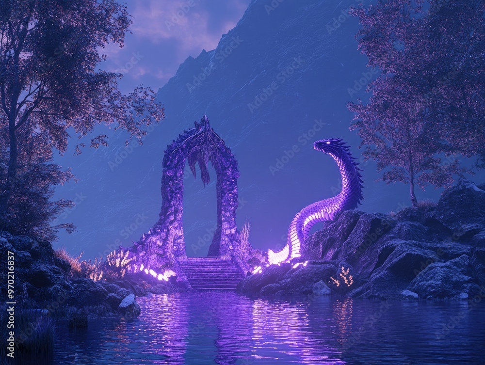 Fototapeta premium Enchanted shrine on a lakeside within the mountains featuring a dragon statue illuminated by purple light 3D rendering