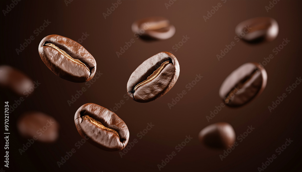 Floating coffee beans on brown background, concept of fresh aroma, roasted coffee, caffeine, and energy boost, dynamic close-up of coffee seeds in motion Floating coffee beans on brown background, concept of fresh aroma, roasted coffee, caffeine, and energy boost, dynamic close-up of coffee seeds in motion