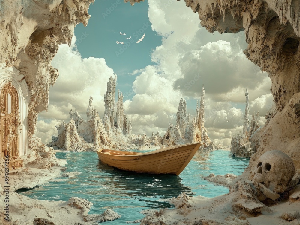 Imaginary seascape featuring a boat amidst fantastical surroundings Imaginary seascape featuring a boat amidst fantastical surroundings