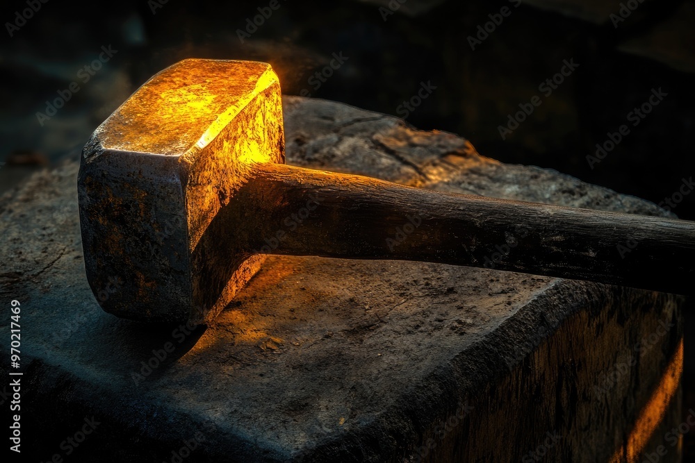 Glowing Metal Hammer on a Blacksmith Anvil Glowing Metal Hammer on a Blacksmith Anvil
