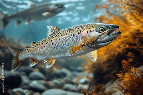 A realistic photo of wild salmon swimming upstream in a river during the spawning season, showcasing their natural behavior and vibrant colors in a dynamic, flowing environment. 