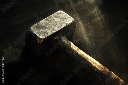 A Worn Metal Sledgehammer Resting on a Wooden Surface