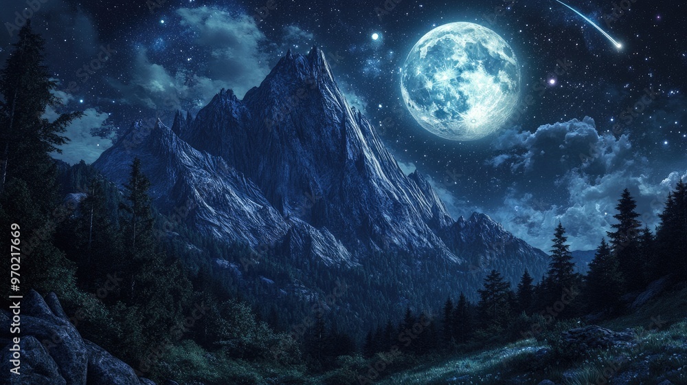 A whimsical depiction of a nighttime scene featuring a towering mountain amidst a forested valley with a large full moon obscured by the mountain against a dark sky filled with stars and a passing A whimsical depiction of a nighttime scene featuring a towering mountain amidst a forested valley with a large full moon obscured by the mountain against a dark sky filled with stars and a passing