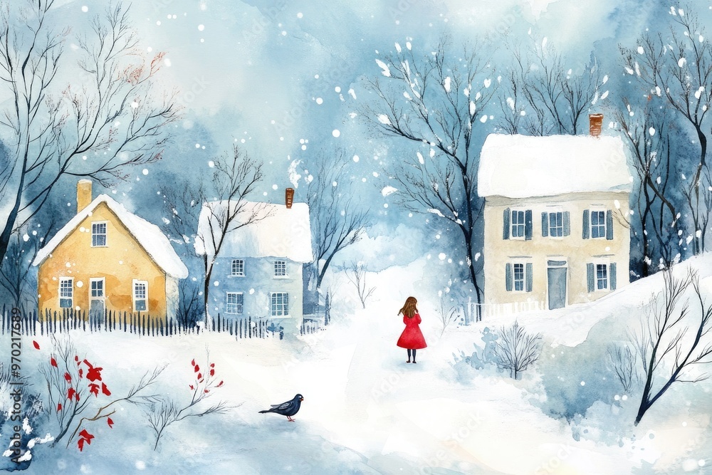Fototapeta premium Charming hand painted watercolor illustration of a winter scene featuring houses a girl and a bird Vibrant art perfect for decor and greeting purposes