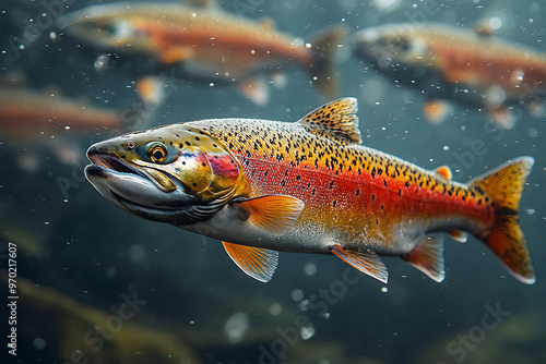 A realistic photo of wild salmon swimming upstream in a river during the spawning season, showcasing their natural behavior and vibrant colors in a dynamic, flowing environment. 