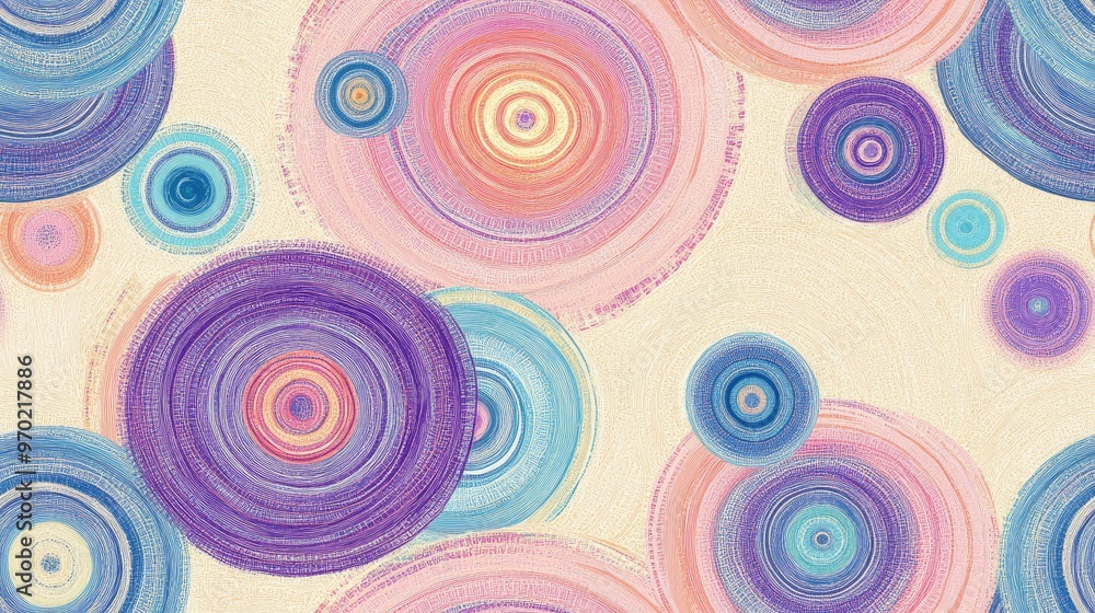 Abstract seamless background featuring concentric circle patterns in purple blue light green pink and magenta on a beige backdrop elaborately designed and extensive Abstract seamless background featuring concentric circle patterns in purple blue light green pink and magenta on a beige backdrop elaborately designed and extensive