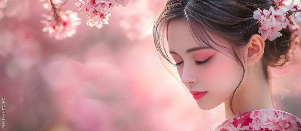 A woman with long dark hair and pink flowers in her hair A woman with long dark hair and pink flowers in her hair