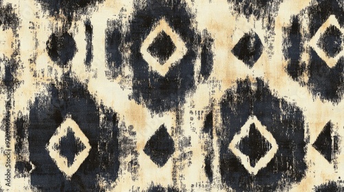 Batik Design with Beige Dye Vintage Bohemian Tie Dye Ethnic Craft Batik Retro Geometric Patchwork Aged Geometric Pattern Seamless Sepia Brush Mark Textured Geometric Fabric Worn Dyed Pattern Distr photo