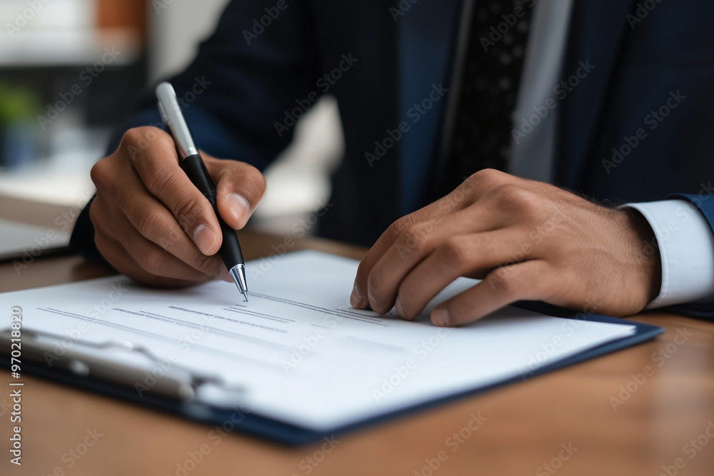 A business professional signing a legal contract at a modern office desk A business professional signing a legal contract at a modern office desk