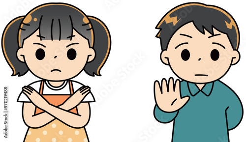 断るポーズをする男の子と女の子
