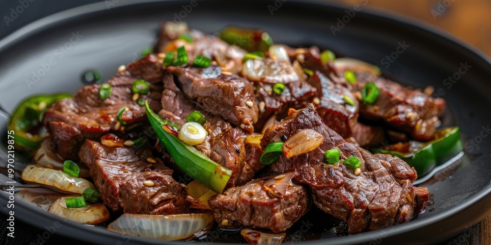 A serving of roasted beef accompanied by chopped onions and fresh green bell peppers A serving of roasted beef accompanied by chopped onions and fresh green bell peppers
