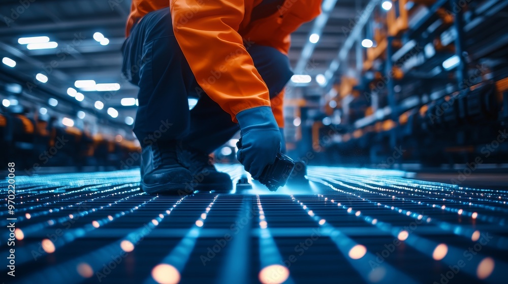 Fototapeta premium Factory worker using high-pressure cleaner, holographic technology overlay, glowing neon grid pattern on the floor, ultra-modern, wide-angle shot