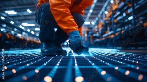 Factory worker using high-pressure cleaner, holographic technology overlay, glowing neon grid pattern on the floor, ultra-modern, wide-angle shot photo