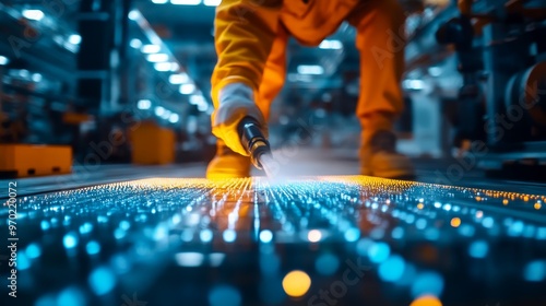 Wallpaper Mural Factory worker using high-pressure cleaner, holographic technology overlay, glowing neon grid pattern on the floor, ultra-modern, wide-angle shot Torontodigital.ca