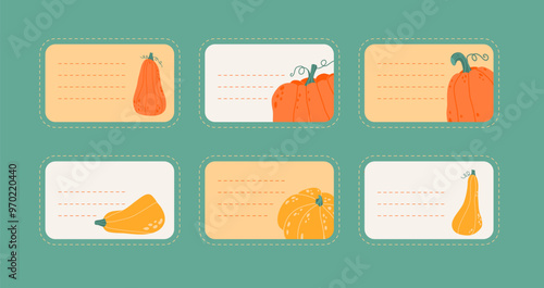 Cute set of autumn-themed kitchen gliders with pumpkins, planner, diary. Stickers for scrapbooking. To-do list, frames, bookmarks