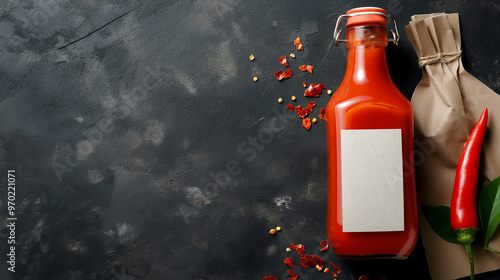 A red hot chilli sauce bottle with white blank label and red chillies on dark background, space for text. Generative AI