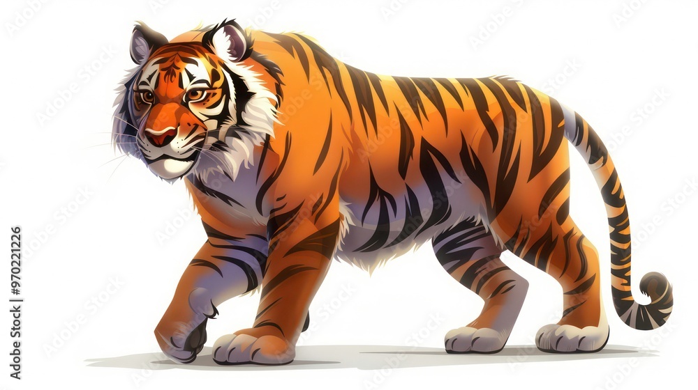 Obraz premium A majestic tiger with orange and black stripes walks on a white background.