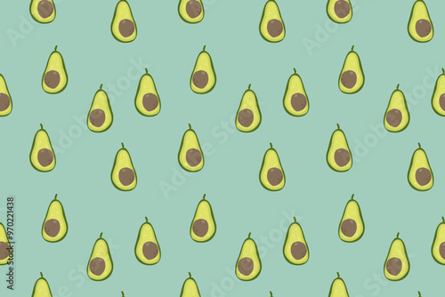 Hand drawn halved avocado seamless pattern. Half cut green avocado with core in sketch style. Simple vector background for textile, wrapping paper, banner, poster. Organic food concept