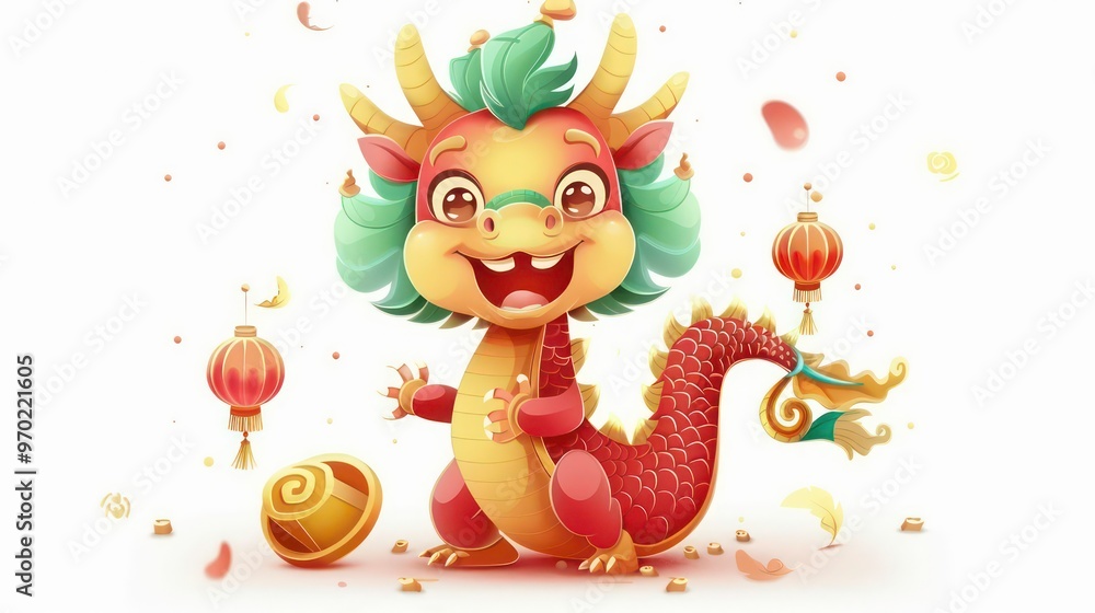 Naklejka premium A cartoon illustration of a cute, smiling dragon with a red and gold tail, green hair, and a friendly expression holding up its paws. 