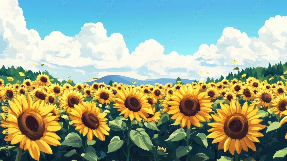 Fototapeta premium Cartoon illustration of a vibrant sunflower field in a 2D style
